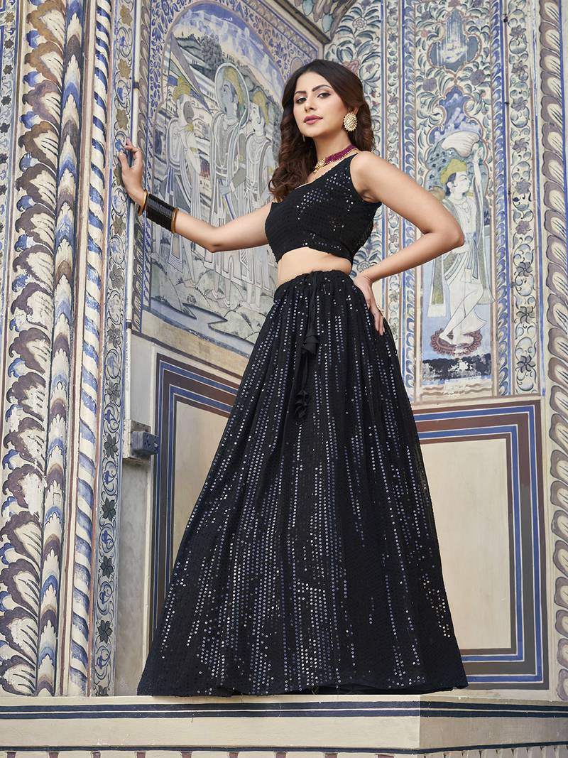 Black Georgette Semi-Stitched Lehenga and Unstitched Blouse With Dupatta