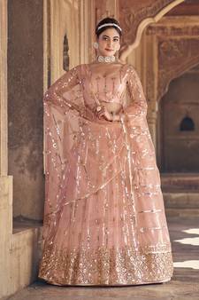 Peach Layered SemiStitched Lehenga with Brocade Blouse and Ruffled Net Dupatta