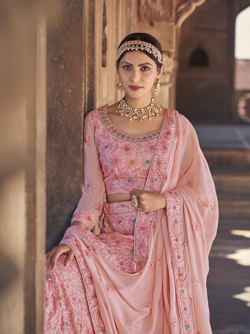 Light Pink  Georgette  Semi-Stitched Lehenga and Unstitched Blouse With Dupatta
