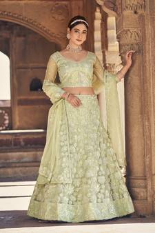 Mint Green Net Semi-Stitched Lehenga and Unstitched Blouse With Dupatta