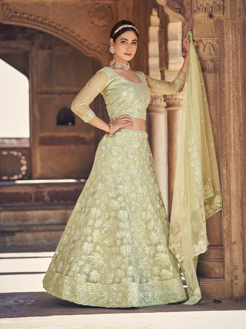 Mint Green Net Semi-Stitched Lehenga and Unstitched Blouse With Dupatta