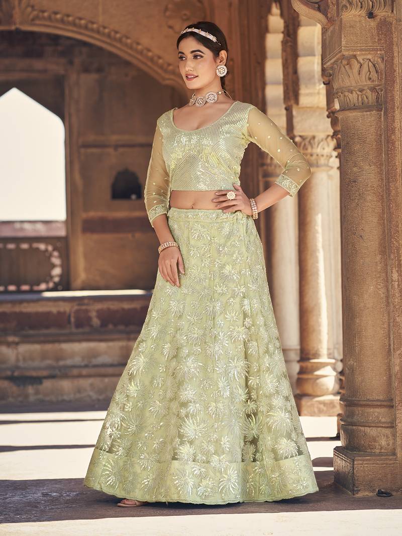 Mint Green Net Semi-Stitched Lehenga and Unstitched Blouse With Dupatta