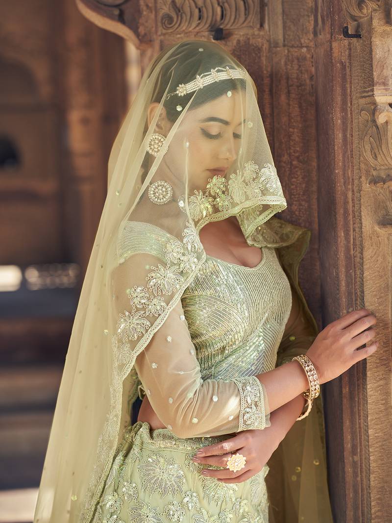 Mint Green Net Semi-Stitched Lehenga and Unstitched Blouse With Dupatta