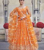Orange  Net Semi-Stitched Lehenga and Unstitched Blouse With Dupatta