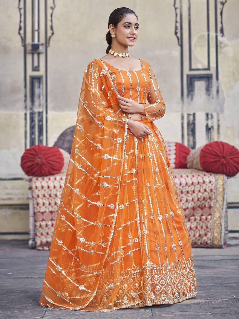Orange  Net Semi-Stitched Lehenga and Unstitched Blouse With Dupatta