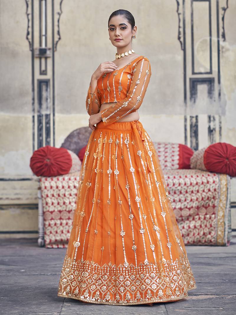 Orange  Net Semi-Stitched Lehenga and Unstitched Blouse With Dupatta