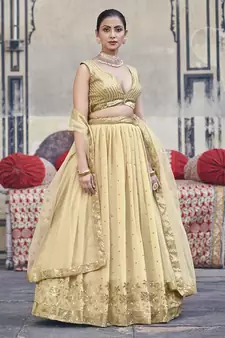 Gold Toned  Georgette  Semi-Stitched Lehenga and Unstitched Blouse With Dupatta