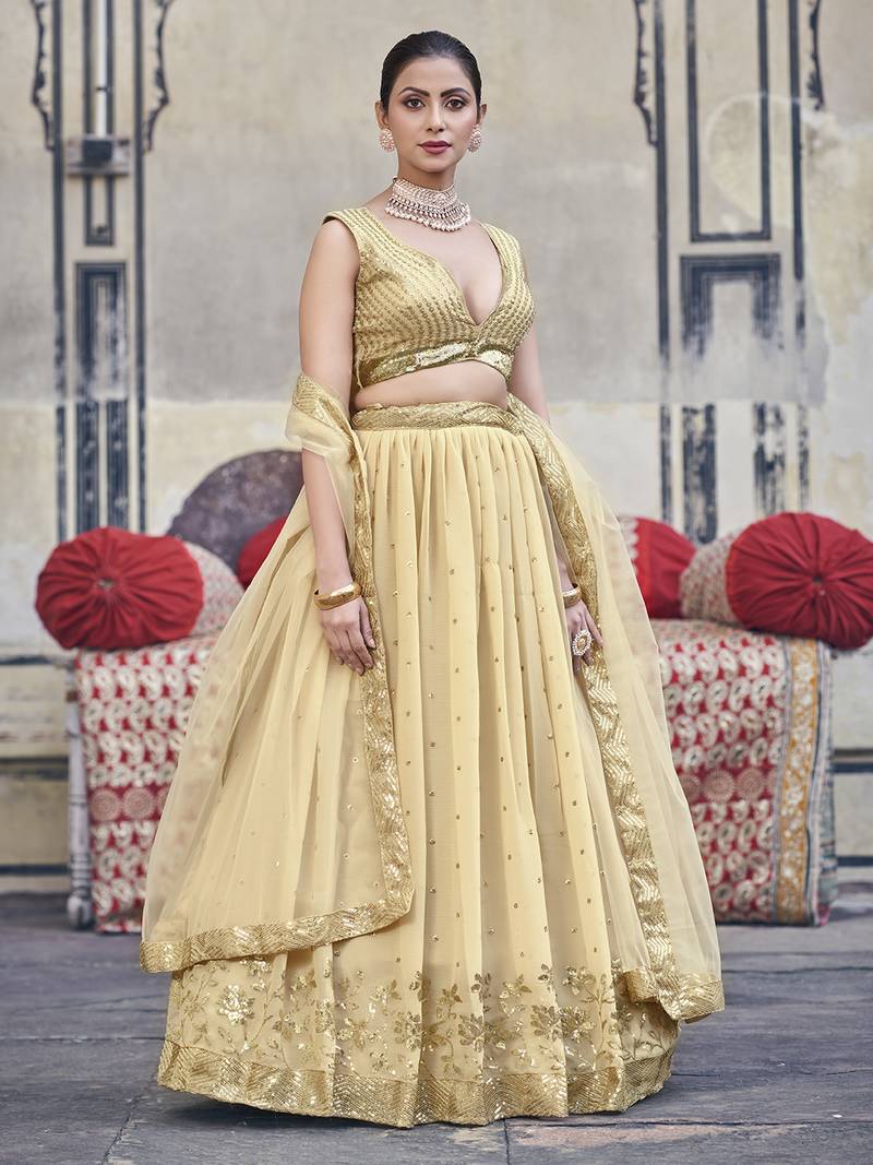 Gold Toned  Georgette  Semi-Stitched Lehenga and Unstitched Blouse With Dupatta