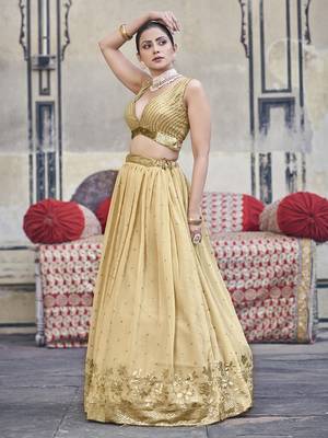 Gold Toned  Georgette  Semi-Stitched Lehenga and Unstitched Blouse With Dupatta 3