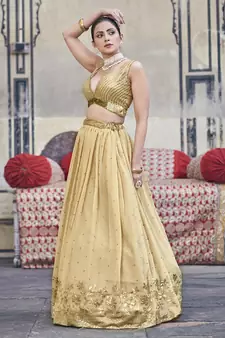 Gold Toned  Georgette  Semi-Stitched Lehenga and Unstitched Blouse With Dupatta
