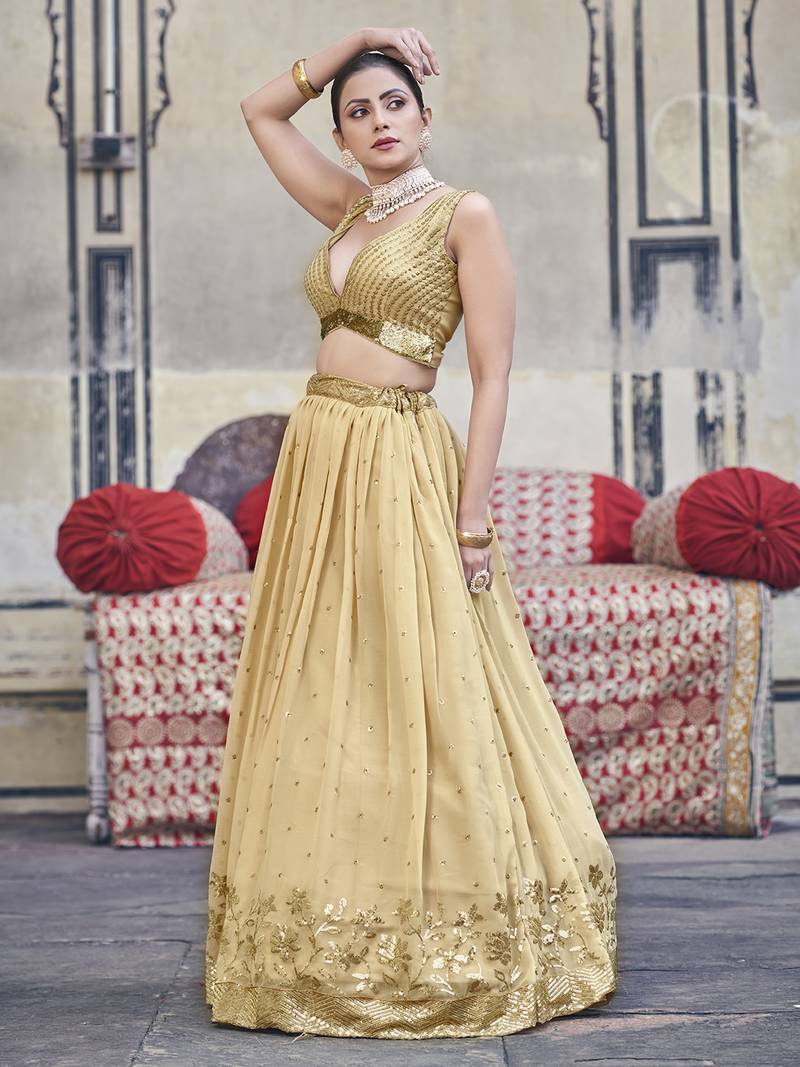 Gold Toned  Georgette  Semi-Stitched Lehenga and Unstitched Blouse With Dupatta