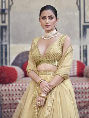 Gold Toned  Georgette  Semi-Stitched Lehenga and Unstitched Blouse With Dupatta 4