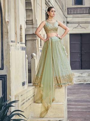 Sea Green Net  Semi-Stitched Lehenga and Unstitched Blouse With Dupatta 1