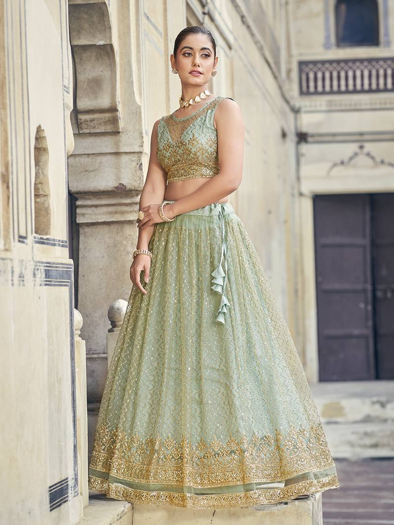 Sea Green Net  Semi-Stitched Lehenga and Unstitched Blouse With Dupatta