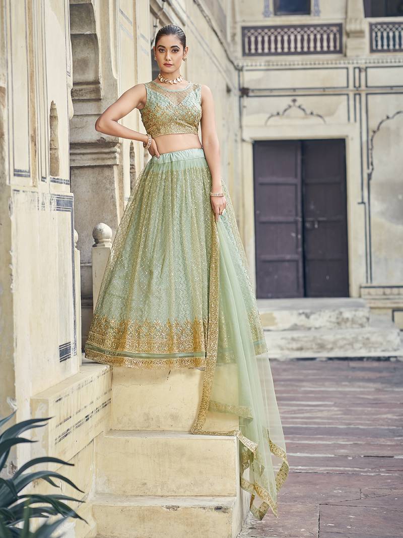 Sea Green Net  Semi-Stitched Lehenga and Unstitched Blouse With Dupatta