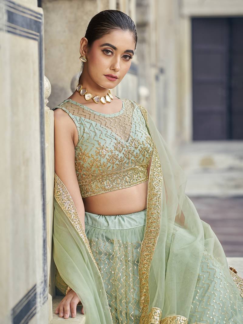Sea Green Net  Semi-Stitched Lehenga and Unstitched Blouse With Dupatta