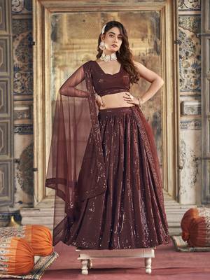 Brown Georgette Sequin Embroidered Lehenga 1