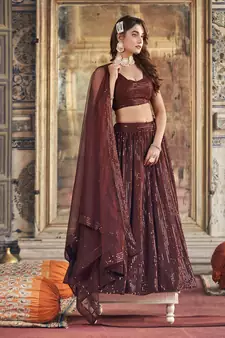 Brown Georgette Sequin Embroidered Lehenga