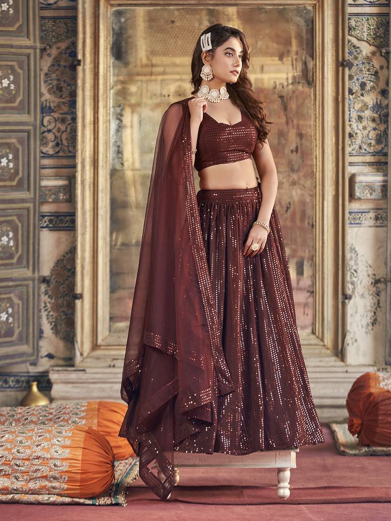 Brown Georgette Sequin Embroidered Lehenga