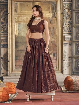 Brown Georgette Sequin Embroidered Lehenga 3