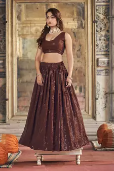 Brown Georgette Sequin Embroidered Lehenga
