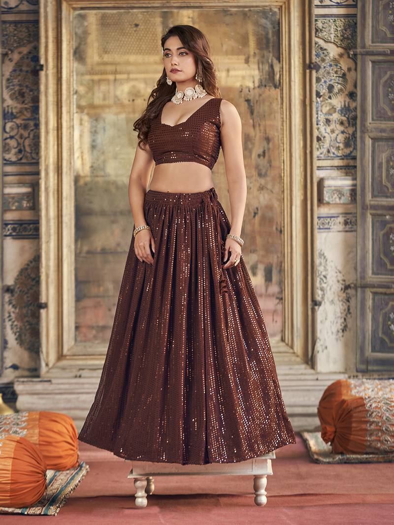 Brown Georgette Sequin Embroidered Lehenga