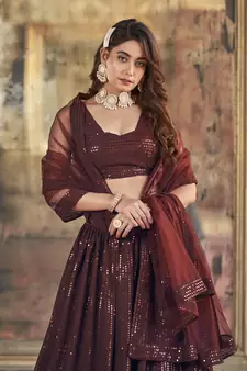 Brown Georgette Sequin Embroidered Lehenga