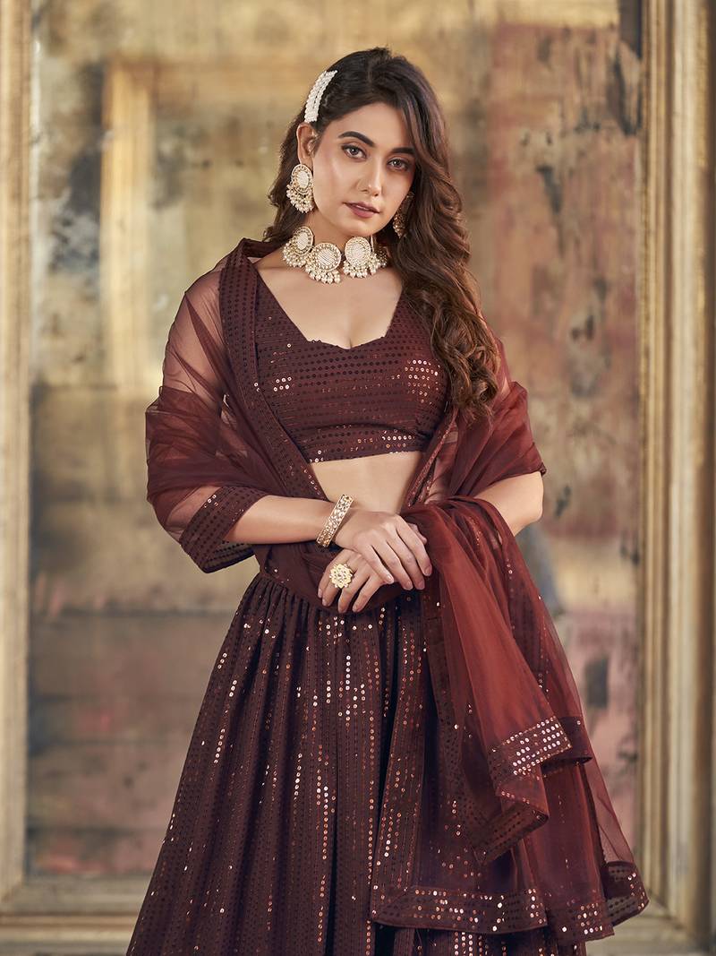 Brown Georgette Sequin Embroidered Lehenga