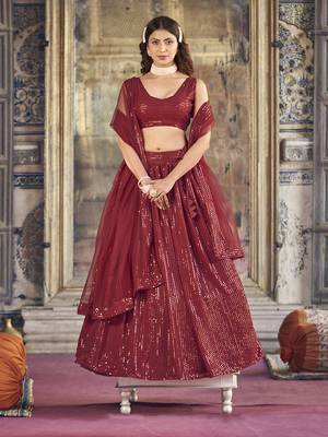 Maroon  Georgette Semi-Stitched Lehenga and Unstitched Blouse With Dupatta 1