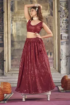 Maroon  Georgette Semi-Stitched Lehenga and Unstitched Blouse With Dupatta