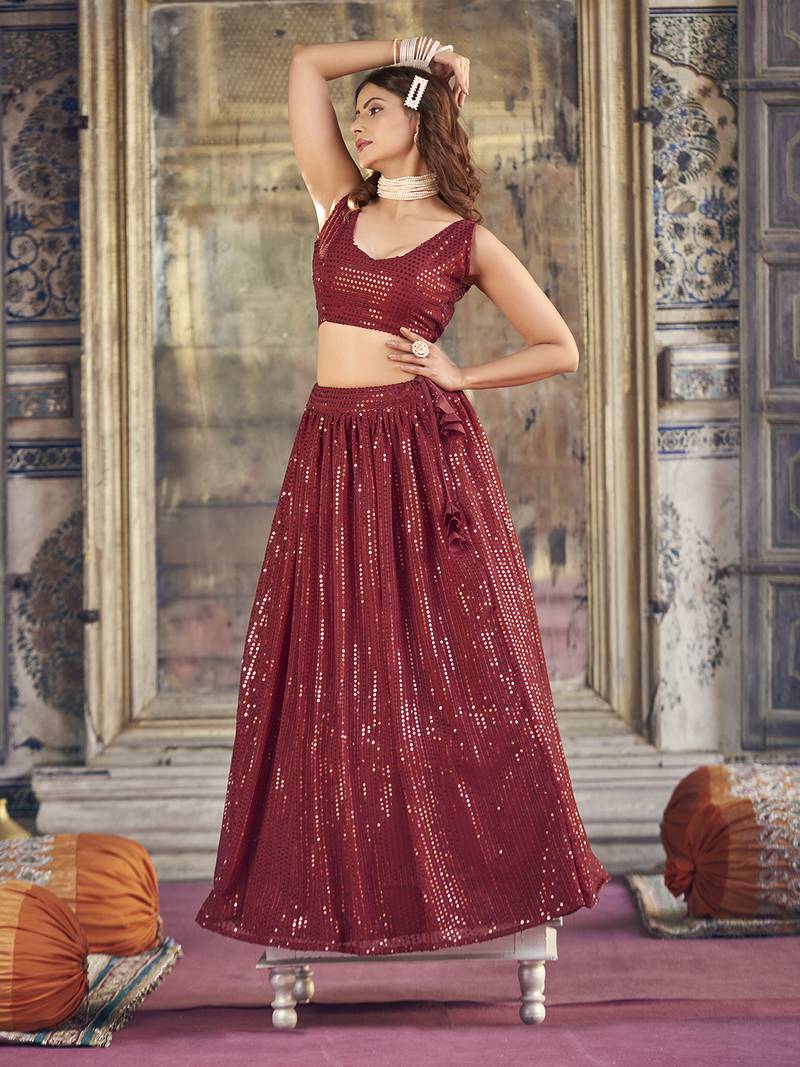 Maroon  Georgette Semi-Stitched Lehenga and Unstitched Blouse With Dupatta