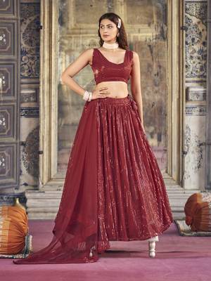 Maroon  Georgette Semi-Stitched Lehenga and Unstitched Blouse With Dupatta 3