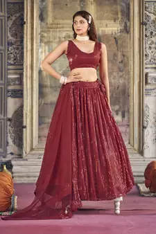 Maroon  Georgette Semi-Stitched Lehenga and Unstitched Blouse With Dupatta