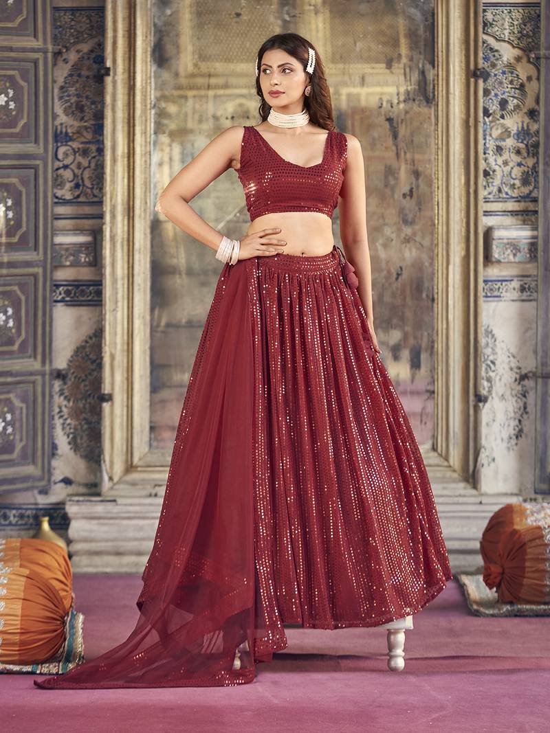 Maroon  Georgette Semi-Stitched Lehenga and Unstitched Blouse With Dupatta
