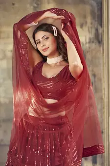 Maroon  Georgette Semi-Stitched Lehenga and Unstitched Blouse With Dupatta