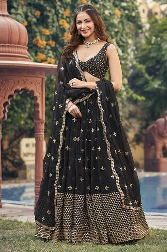 Black Georgette Semi-Stitched Lehenga and Unstitched Blouse With Dupatta