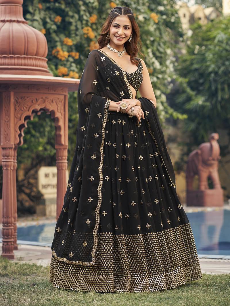 Black Georgette Semi-Stitched Lehenga and Unstitched Blouse With Dupatta