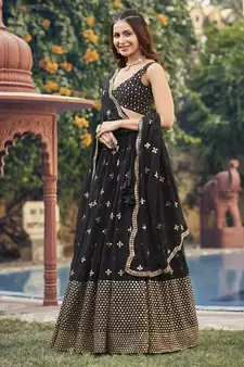 Black Georgette Semi-Stitched Lehenga and Unstitched Blouse With Dupatta