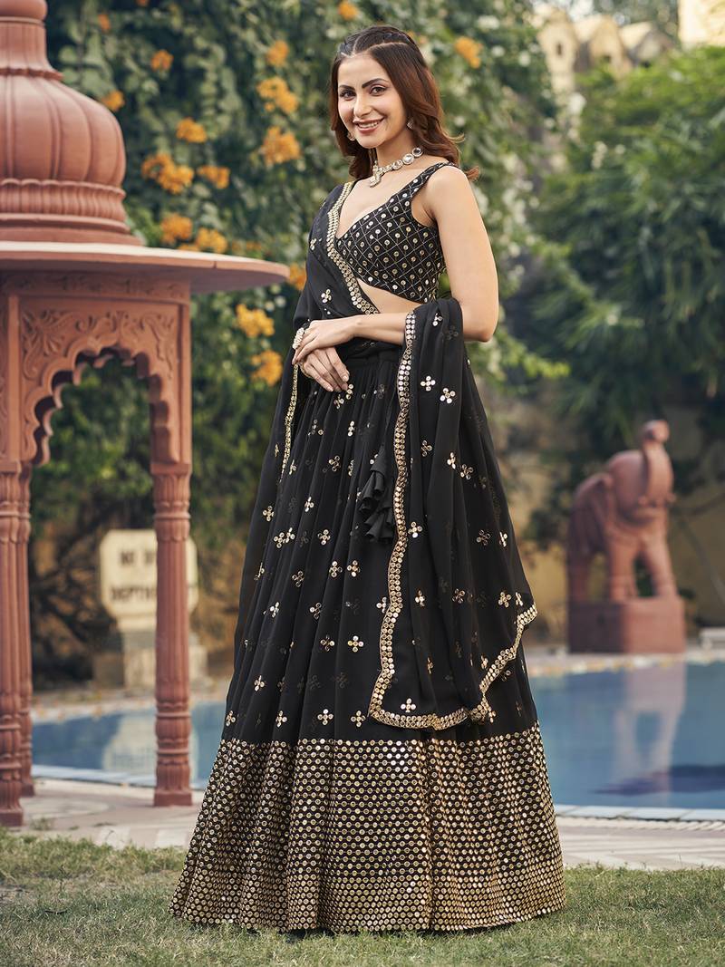 Black Georgette Semi-Stitched Lehenga and Unstitched Blouse With Dupatta