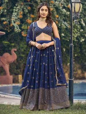 Navy Blue Georgette Semi-Stitched Lehenga and Unstitched Blouse With Dupatta 1