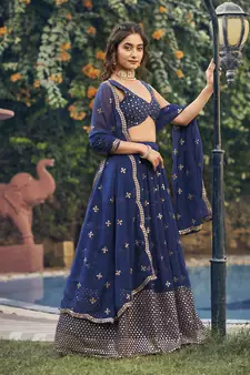 Navy Blue Georgette Semi-Stitched Lehenga and Unstitched Blouse With Dupatta