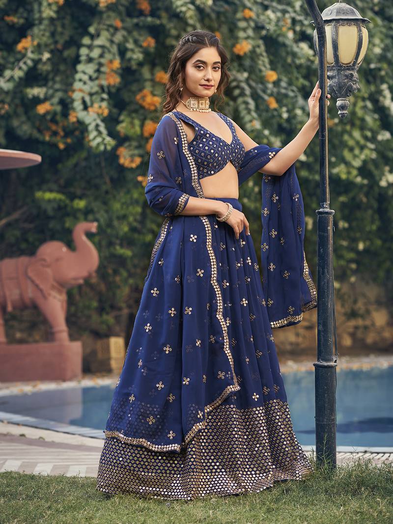 Navy Blue Georgette Semi-Stitched Lehenga and Unstitched Blouse With Dupatta