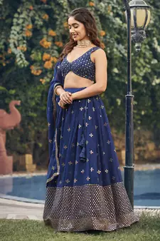 Navy Blue Georgette Semi-Stitched Lehenga and Unstitched Blouse With Dupatta