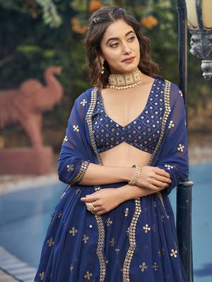 Navy Blue Georgette Semi-Stitched Lehenga and Unstitched Blouse With Dupatta 4