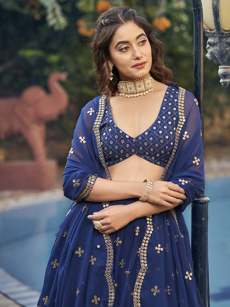 Navy Blue Georgette Semi-Stitched Lehenga and Unstitched Blouse With Dupatta