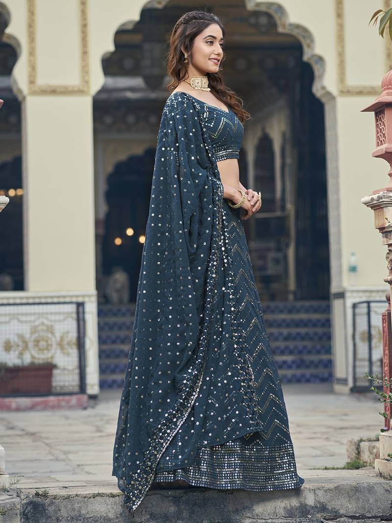 Teal Georgette Semi-Stitched Lehenga and Unstitched Blouse With Dupatta