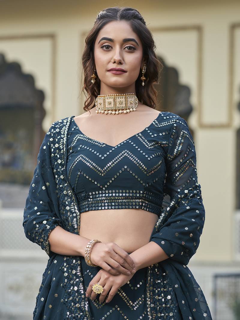 Teal Georgette Semi-Stitched Lehenga and Unstitched Blouse With Dupatta