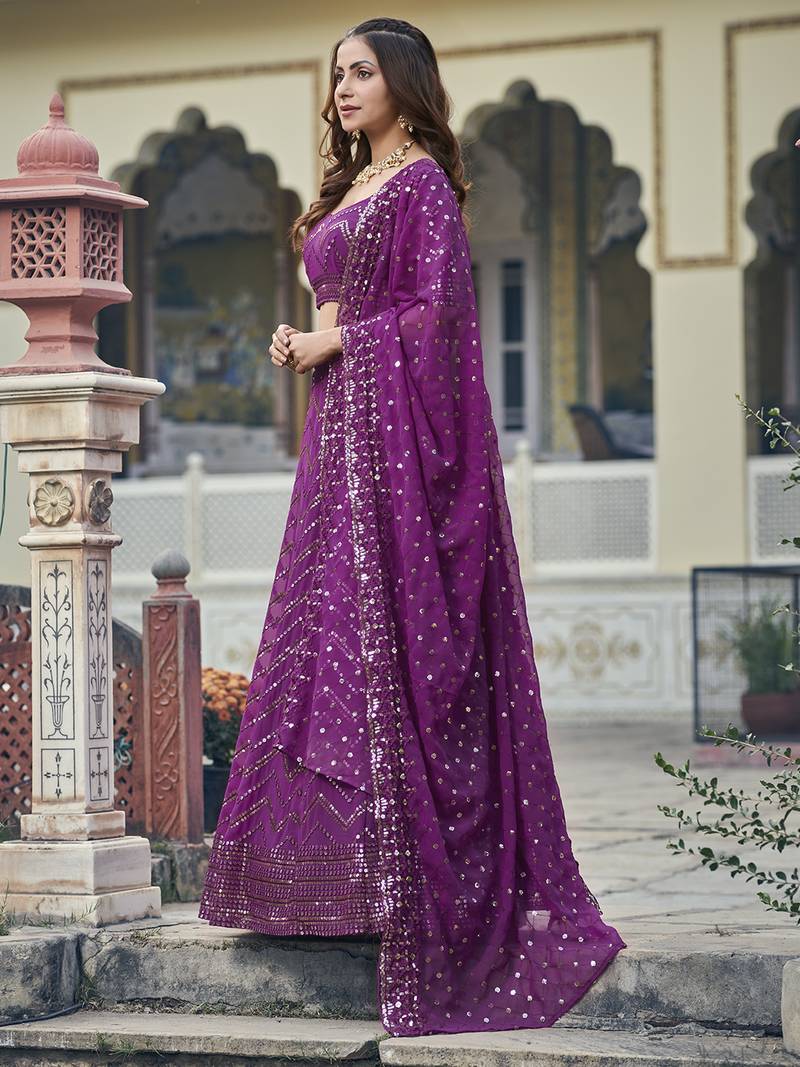 Wine Georgette Semi-Stitched Lehenga and Unstitched Blouse With Dupatta