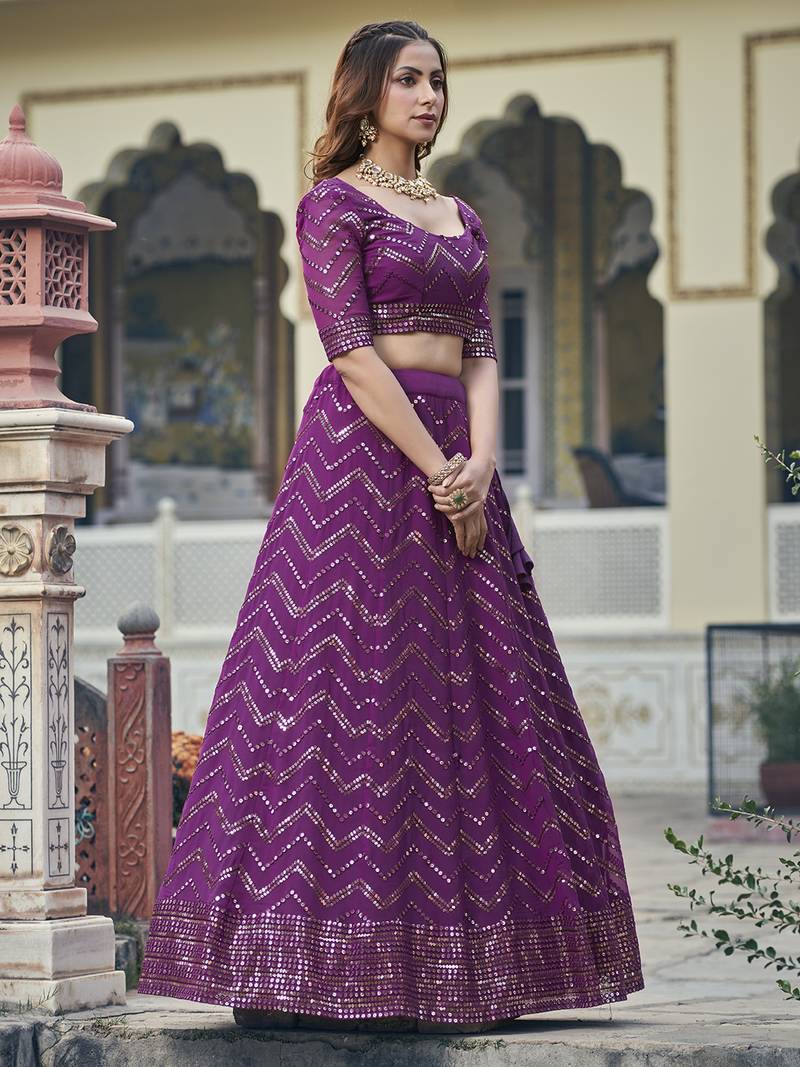 Wine Georgette Semi-Stitched Lehenga and Unstitched Blouse With Dupatta