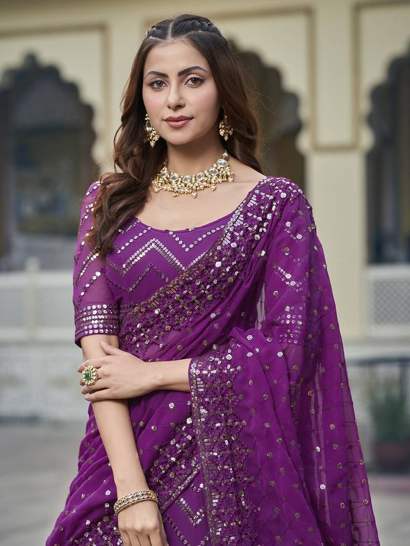 Wine Georgette Semi-Stitched Lehenga and Unstitched Blouse With Dupatta